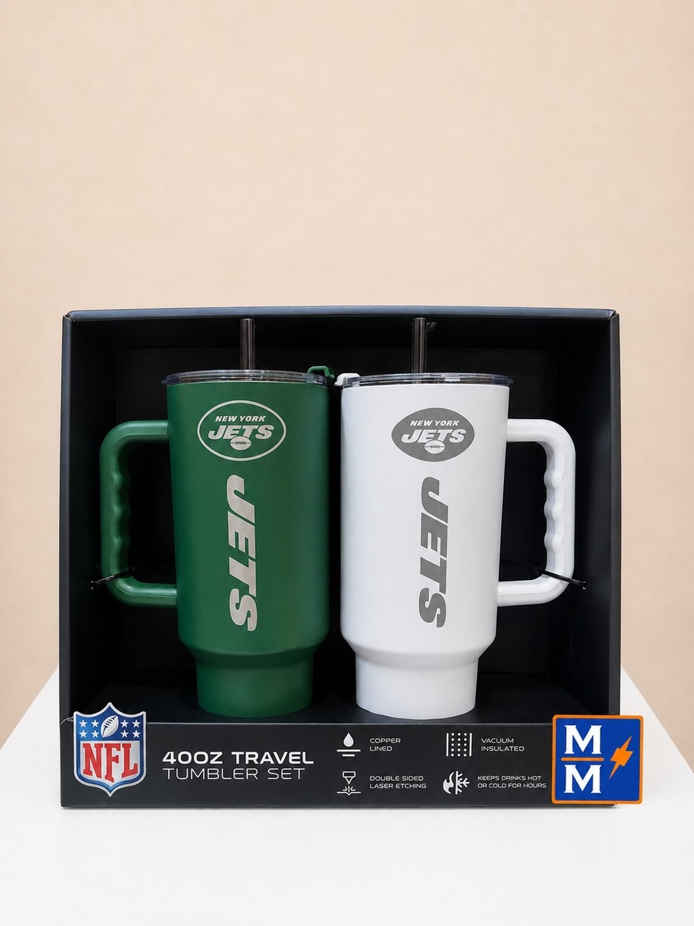 NWT New York Jets 40oz Travel Tumbler Set 2 Pack NFL Green White